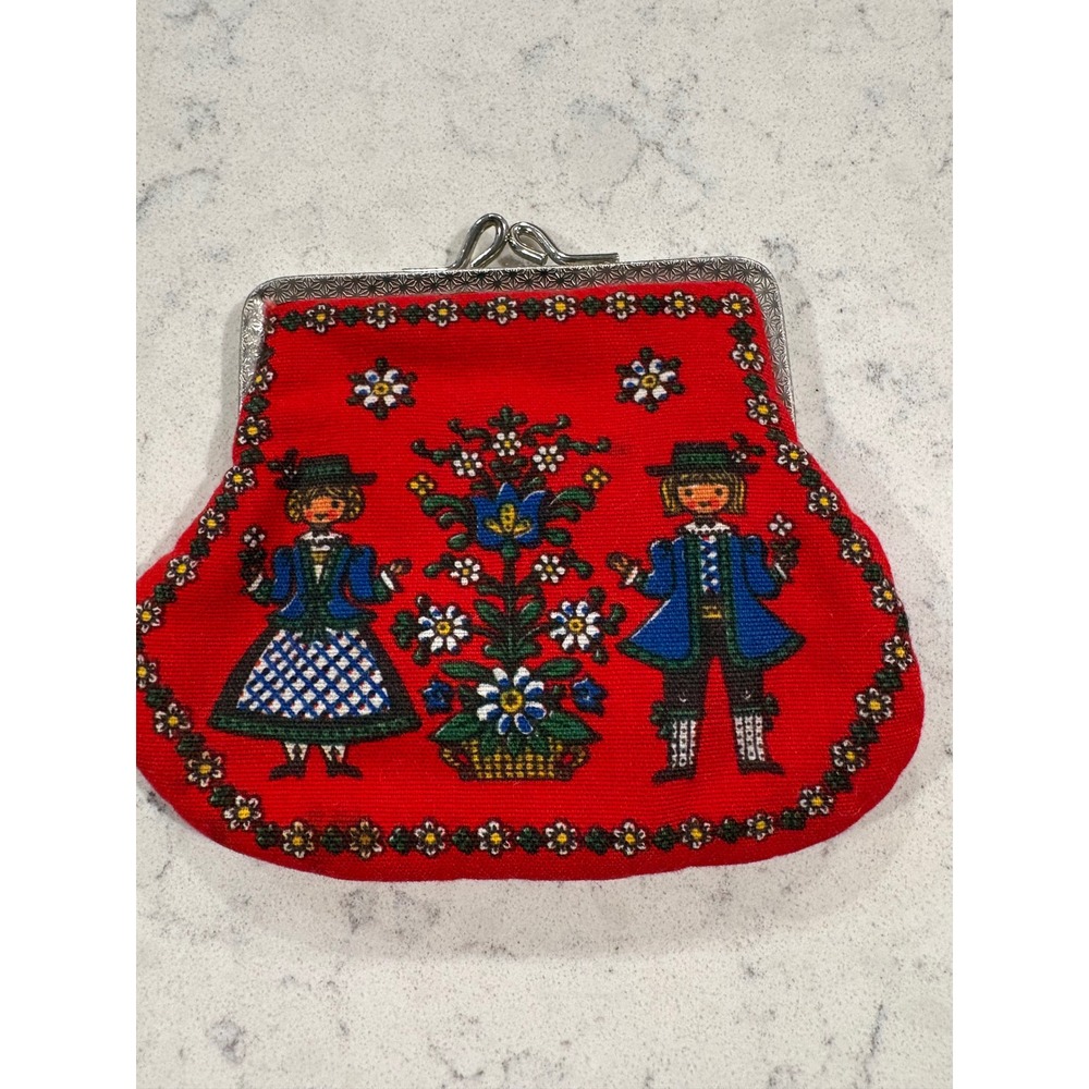 VTG Red Folk Art Kolf Austria Coin Change Purse Austrian Bavarian Motif‎